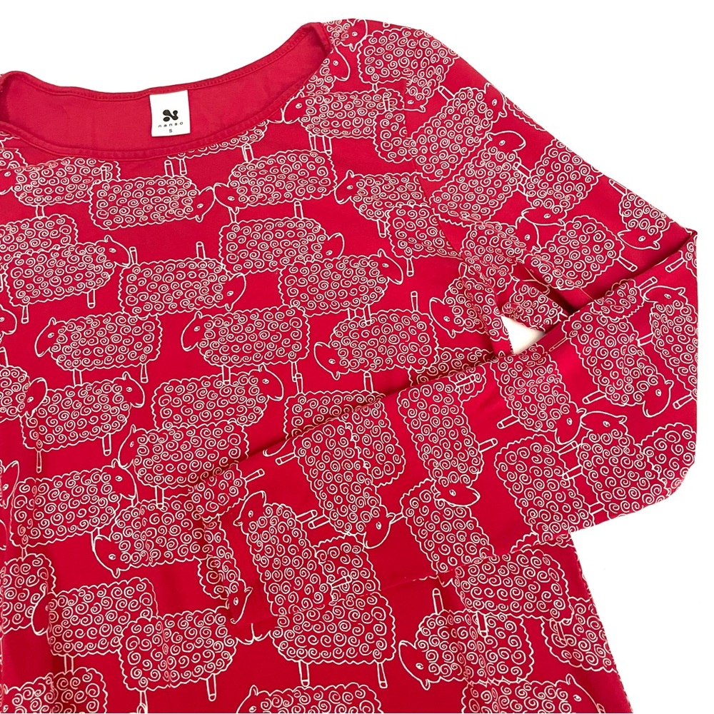 Vintage 90s Nanso Red Sheep Print Long Sleeve Midi Dress Size Small
